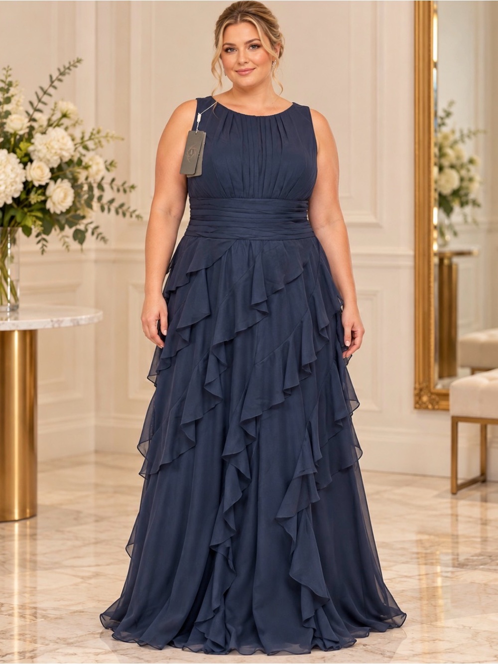 NWT Alizua Size 18 Navy Blue Chiffon Ruffle Formal Maxi Gown